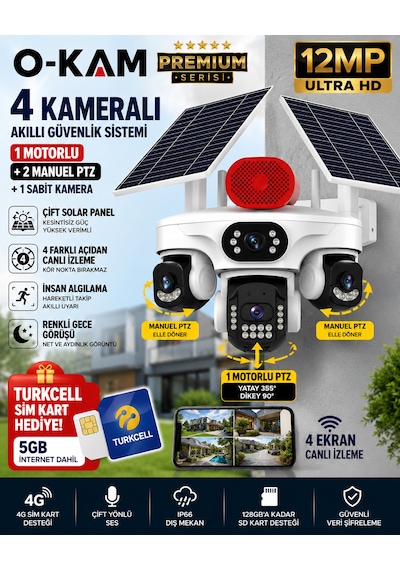 O-kam Ok337b Premium 12mp 4 Kameralı 4g Çift Solar Panel Aov Gece Görüş Sesli Konuşma Akıllı Kamera Turkcell Sim Kart