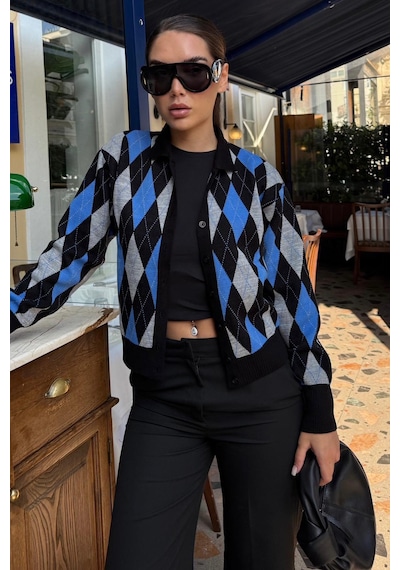 Madmext Siyah Baklava Desenli Polo Yaka Kadın Hırka Mg2478 Siyah