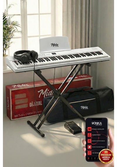 Midex Plx-80whst Taşınabilir Katlanır Dijital Piyano Tuş Hassasiyetli 88 Tuş Bt Stand Sustain Kulaklık Çanta Metod