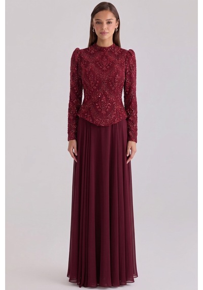 Olcay Boncuk Desenli Şifon Kombinli Exclusive Tesettür Abiye Elbise Bordo 1089