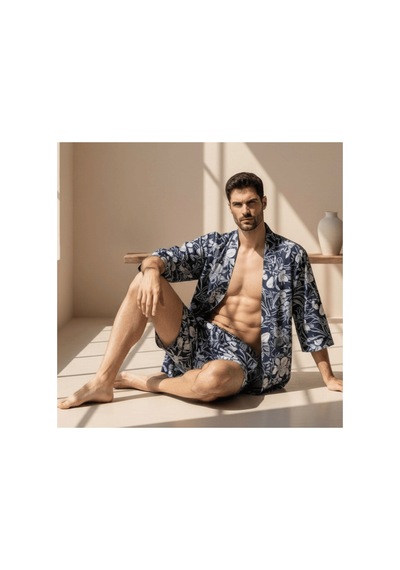Qmen Style Erkek Kimono Takımı 3 Lü Bambu Set Bornoz + Pantolon + Şort Lacivert