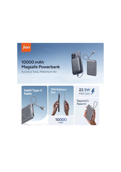 Juo 10000mah Magsafe Apple Watch Uyumlu 22.5w Kablolu 15w Kablosuz Powerbank Standlı Taşınabilir Hızlı Şarj Cihazı Gri