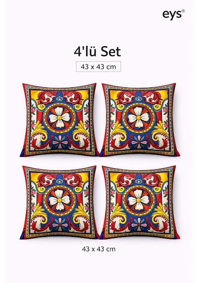 Dijital Baskılı Çift Taraflı Pamuklu Kırlent Kılıfı Gizli Fermuarlı, Astarlı 43 43 Cm 4'lü Set Desen 2