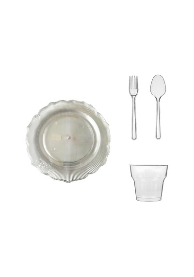 Omeyva 23 Cm. Plastik Mika Şeffaf Sorfa Piknik Seti - 12 Kişilik Tabak Bardak Çatal Kaşık Takımı