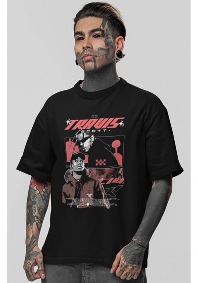 Travis Scott Rapper Şarkıcı Baskılı Unisex Oversize Tişört Siyah