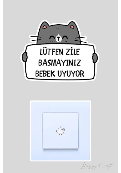 Lütfen Zile Basmayınız Bebek Uyuyor Gri Sevimli Kedi Sticker Kapı Zili Etiketi Beyaz - Gri