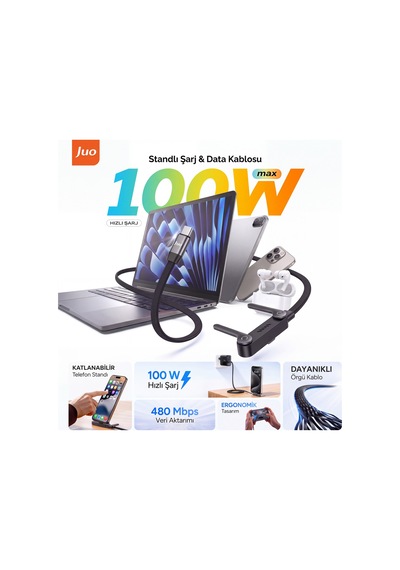 Juo 100w Type-c To Type-c Hızlı Şarj Kablosu Katlanabilir Standlı E-mark Çipli Örgülü 1.2 Metre Kablo