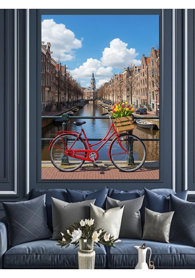 Ahşap Tablo Amsterdam Kanalları Ve Bisikletli Şehir Manzarası