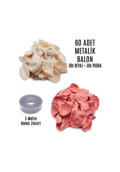 60 Adet Beyaz Ve Pudra Karışık Metalik Balon + 5 Metre Balon Zinciri Bej