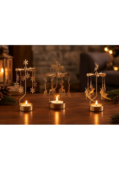 Döner Mumluk Yılbaşı Süsü Geyik Kar Tanesi Ve Peri Figürlü Dekoratif Tealight Mumluk