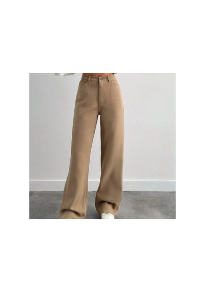 Kene Jeans Yüksek Bel Vizon Keten Bol Paça Tam Kalıp Pantolon Vizon