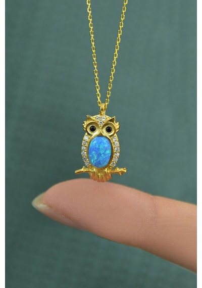 Papatya Silver 925 Ayar Gümüş Gold Kaplama Opal Baykuş Kolye