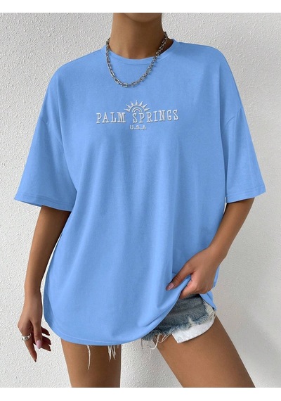 Palm Springs T-shirt - Bebe Mavisi Baskılı Oversize Bisiklet Yaka Kısa Kol Tişört Bebe Mavisi Palm Springs T-shirt - Bebe Mavisi Baskılı Oversize Bisiklet Yaka Kısa Kol Tişört Bebe Mavisi