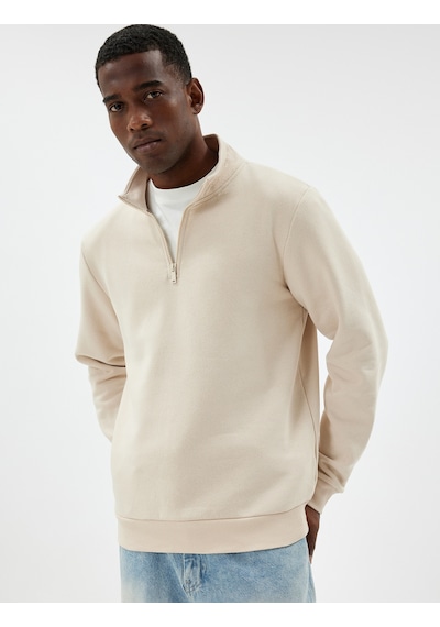 Koton Yarım Fermuarlı Yaka Sweatshirt Uzun Kollu Pamuk Karışımlı Bej 5wam70002mk Ekru