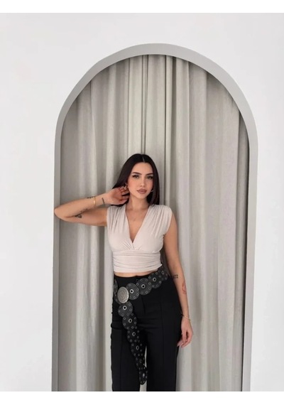 Defymoda Vatkalı Kolsuz V Yaka Drapeli Crop Bluz Likralı Fit - Boyalı Gri