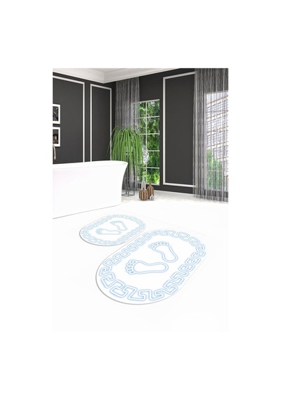 Buççin Online Mağaza Dijital Baskılı Kaymaz Yıkanabilir Ayak Desen Oval Banyo Takımı Klozet Takımı Polyester Beyaz Çok Renkli