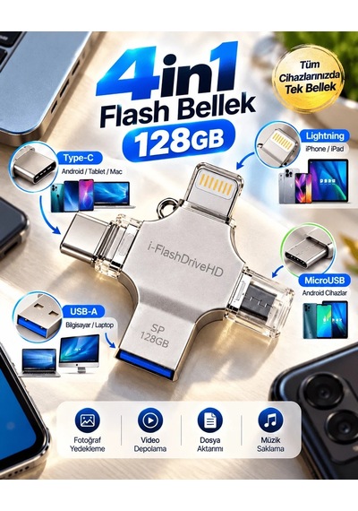 Lb 128gb 4 Lü Girişli Flash Bellek Lightning Type-c Usb-a Microusb Telefon Tablet Bilgisayar Uyumlu