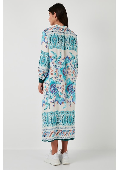 Lela Modest Desenli Regular Fit Bağlamalı V Yaka Maxi Bayan Elbise 611El510 Yeşil