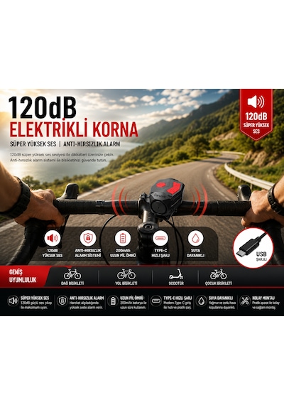 Kenly 20 Db Usb Şarjlı Bisiklet Kornası Alarm Zili Anti Hırsızlık Elektrikli Korna Scooter Uyumlu Siyah
