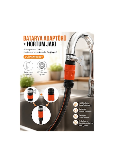 Batarya Adaptörü + Hortum Jakı Seti Batarya Ucu Uyumlu Hızlı Bağlantı Aparatı 2'li Set 1