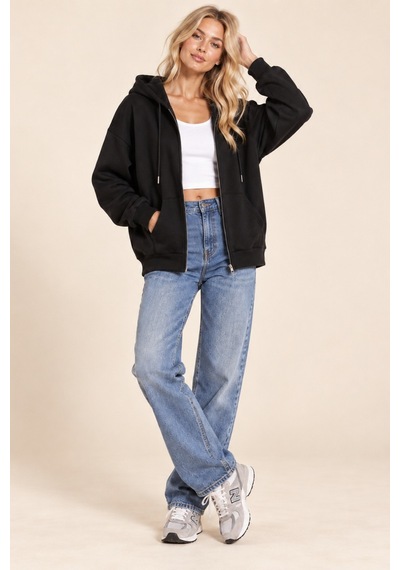 Cool Tarz Unisex Oversize Fermuarlı Kapüşonlu Sweatshirt 3 İplik Şardonlu Siyah Siyah