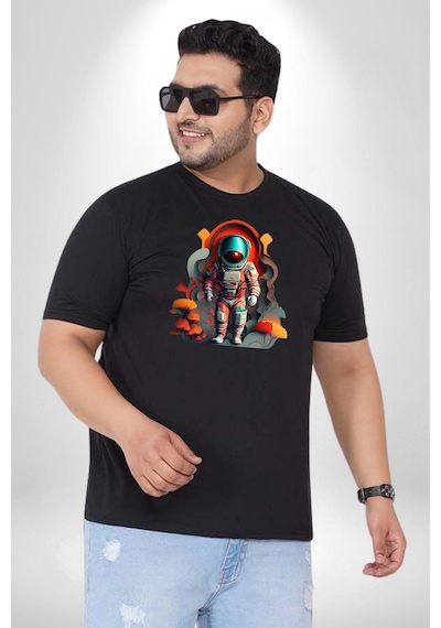 Angemiel Astronot Yapay Zeka Yürüyüş Siyah Büyük Beden Erkek Kadın Unisex Basic Ön Baskılı Tişört Siyah