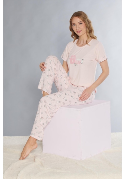 Dowry Kısa Kol Pijama Takım Sevimli Desenli Yazlık Viskon Pijama Dowry 08-127 Pembe