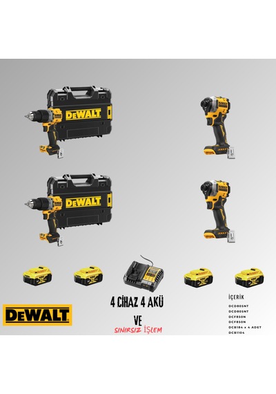 Dewalt DCD805NT + DCD805NT + DCF850N + DCF850N 4 Adet 5 Amper Akü + Şarj Aleti Set