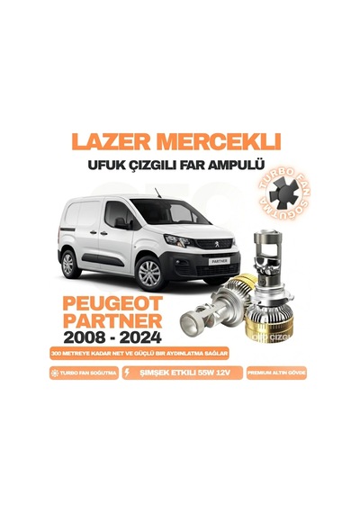 Peugeot Partner 2008 - 2024 Kısa Far Uyumlu Mercek Led Ufuk Çizgili Far Ampulü Led Şimşek Etkili