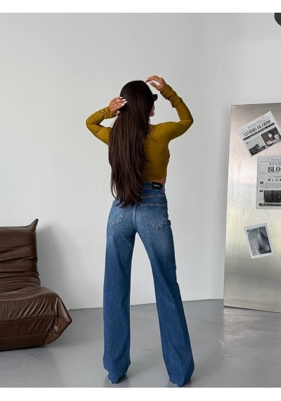 Yüksek Bel Wide-leg Jean Koyu Mavi