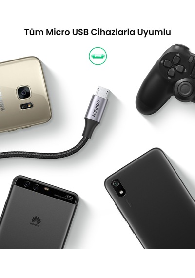 Ugreen Usb 2.0 A To Micro Usb Örgülü Hızlı Şarj Kablosu, 1,5m, Siyah, 60147