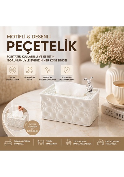 Dikdörtgen Masaüstü Peçetelik 18.4 12.5 9 Cm Beyaz Renkli