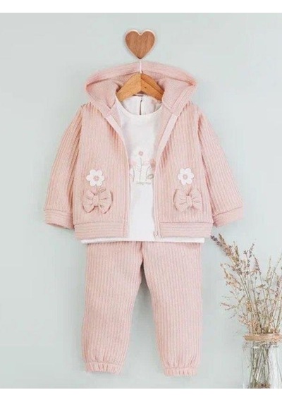 Baby Rose Kız Bebek Papatya Nakışlı Hırkalı 3lü Eşofman Takım-14922 Pudra