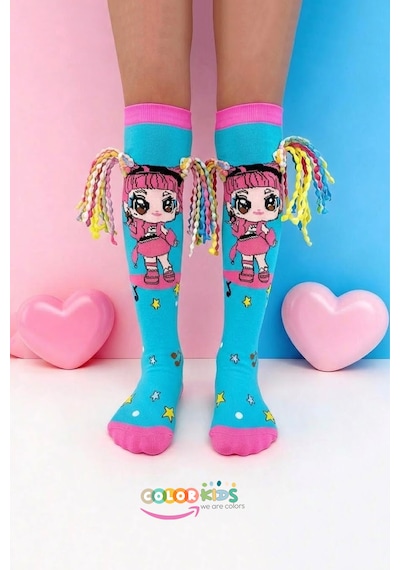 Color Socks 1 Çift Örgü Saç Desenli Animasyon Kız Çocuk Çorap Topuksuz Turkuaz
