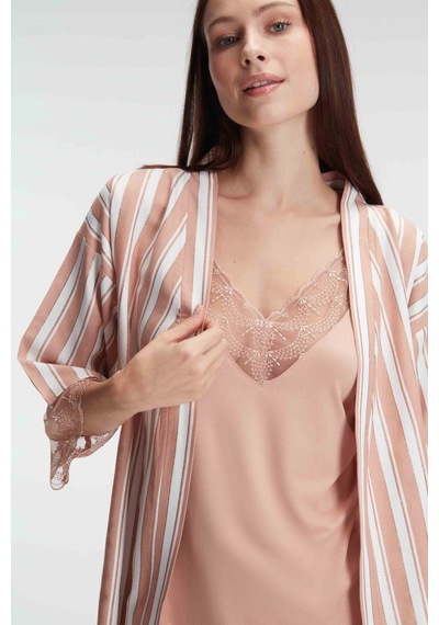 Anıl 5821 İp Askılı V Yaka Kadın Viskon Çizgili Desenli Yazlık Örme Sabahlıklı Pijama Takım Kahve
