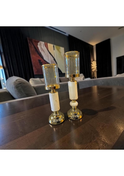 Premium Gold & Mermer Şamdan İkili Set Altın