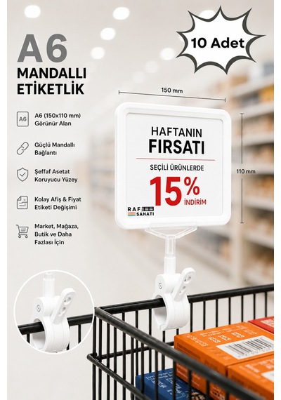 10 Adet - A6 Fiyatlık Mandallı Etiketlik Sepet Raf Askılık Fiyat Etiketi Çerçeveli Market Mağaza Beyaz