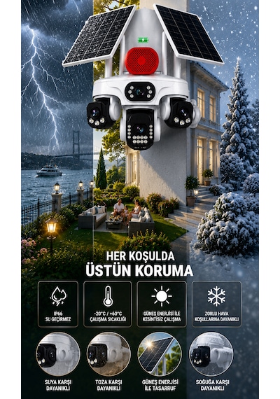 O-kam Ok337b Premium 12mp 4 Kameralı 4g Çift Solar Panel Aov Gece Görüş Sesli Konuşma Akıllı Kamera Turkcell Sim Kart