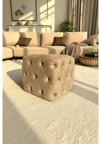 Küp Puf - Best İthal Kadife Babyface Kumaş Varak Baskı - Modern Ve Şık Dekoratif Puf&bench Sütlü Kahverengi