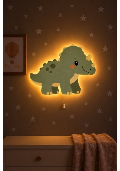 Ahşap Dinozor Gece Lambası Yıldız Hediyeli Pilli Ledli Bebek Çocuk Odası-dino4 Yeşil