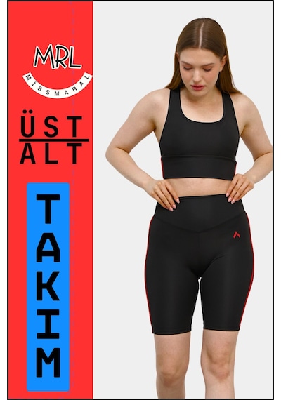 Missmaral Kadın Siyah Takım Alt-üst Kısa Şort-tayt Ve Pedli Sporcu Büstiyer 2li Set Kırmızı Biyeli Elt3043 Siyah Kırmızı