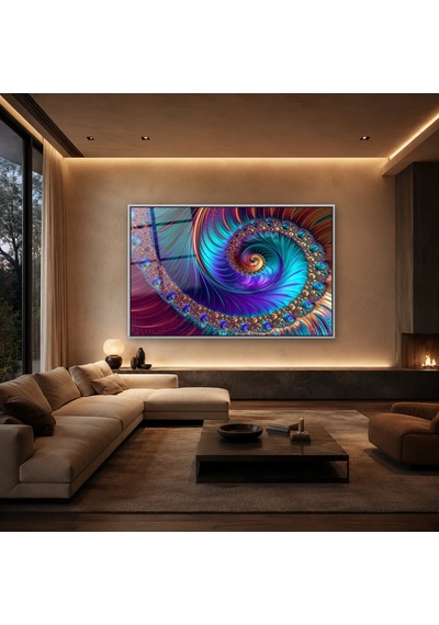 Mor Turkuaz Renkli Spiral Fraktal Kompozisyon Gümüş Çerçeveli Cam Tablo