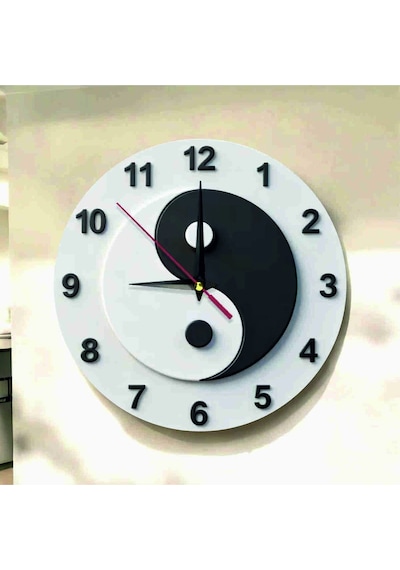 Ying Yang Renkli Baskı Desenli Sayılı Hediyelik Ahşap Sessiz Tablo Duvar Saati 695 Çok Renkli