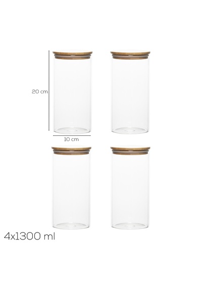 Porsima 417 4lü 1300 Ml Bambu Vakumlu Kapaklı Cam Kavanoz Seti Saklama Kabı 10x20cm Şeffaf