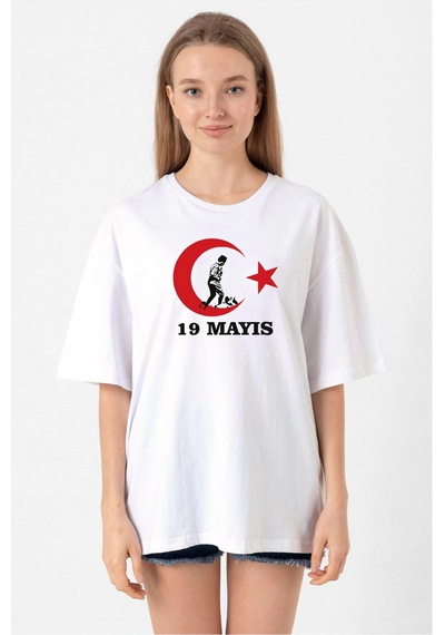 Novalisse 19 Mayıs Atatürk Gençlik Spor Bayramı Baskılı Bisiklet Yaka T-shirt - Beyaz Çoklu Renk