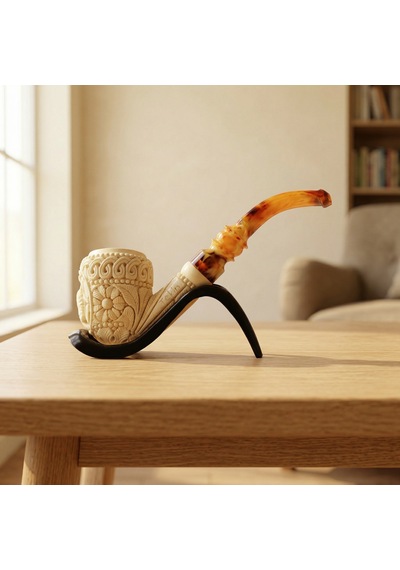 El Oyması Lületaşı Ejderha Ve Geleneksel Motifli Pipo İmzalı %100 Blok Taş Handmade Meerschaum
