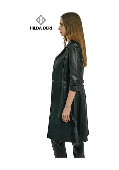 Hilda Deri Yarım Kollu Siyah Hakiki Deri Düğmeli Elbise Trençkot Diana 001