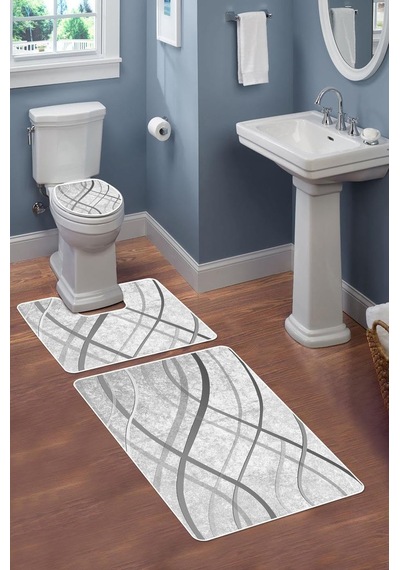 Modern Desenli Dijital Baskı 3'lü Banyo Paspas Takımı Yıkanabilir Kaymaz Tabanlı Klozet Takımı Klz0004 Diğer