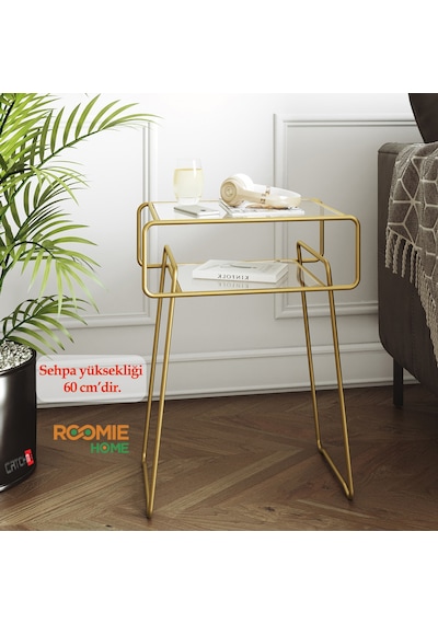Catchme Retro Yan Sehpa. Metal Sehpa.Cam Sehpa.Salon. Yatak Odası Altın