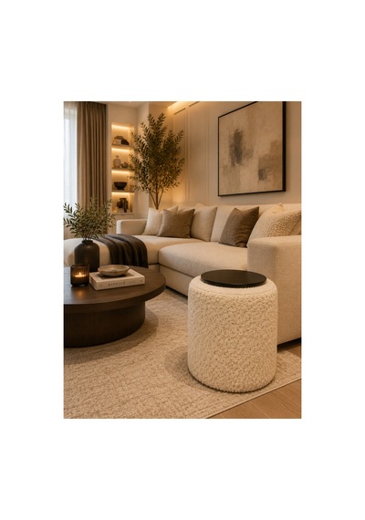 Premium Ahşap Üstlü Yuvarlak Bukle Puf Modern Ekru - 878843025 Ekru